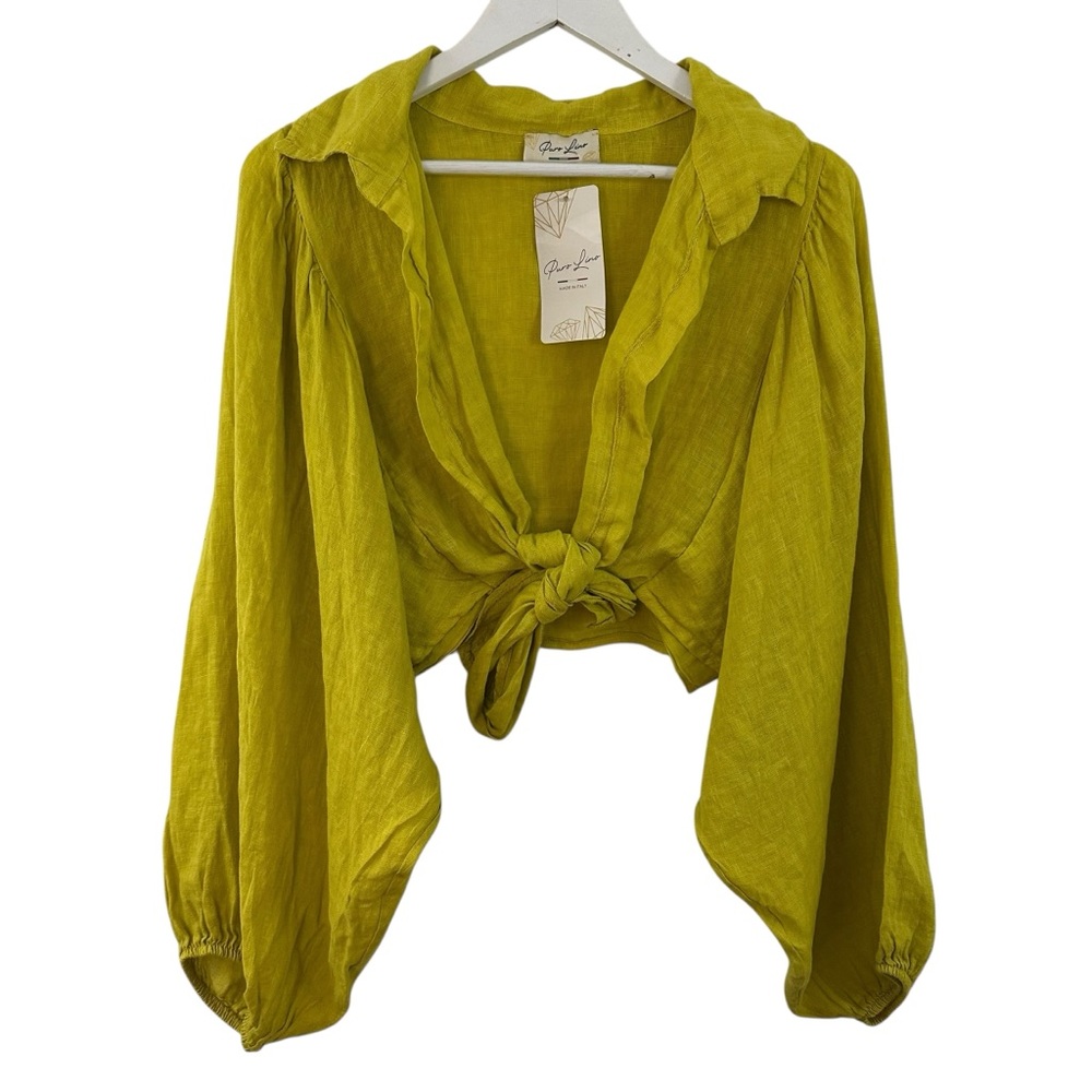 NWY PURO LINO LINEN TIE-FRONT CROP BLOUSE WOMEN'S SIZE ONE SIZE